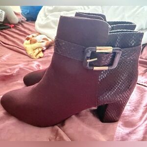 New without box, Women's Burgundy Block Heel Ankle Booties with Buckle Detail